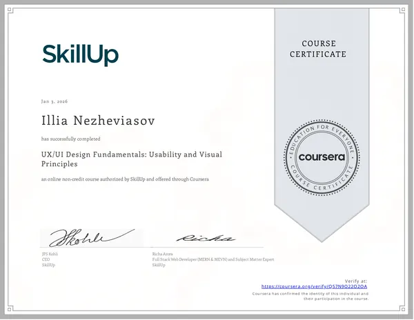 SkillUp - «UX/UI Design Fundamentals: Usability and Visual Principles» (über Coursera)