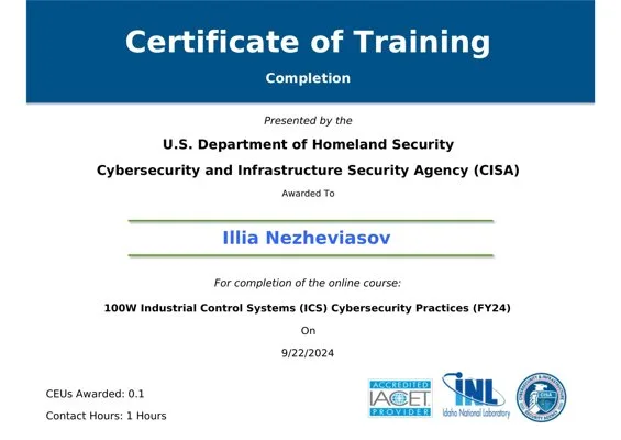 Certificate of Training - 100W Industrial Control Systems (ICS) Cybersecurity Practices (FY24)