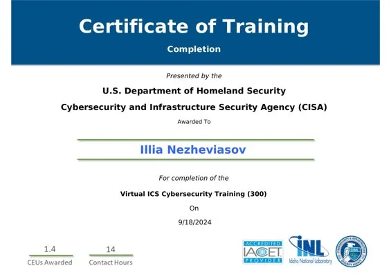 Certificate of Training - Virtual ICS Cybersecurity Training (300)
